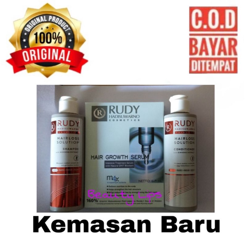 Paket Rudi / Rudy Hadisuwarno isi 3 : Shampo 200 ml + Conditioner 200ml + Serum Rambut 6 Botol ( Untuk Rambut Rontok )