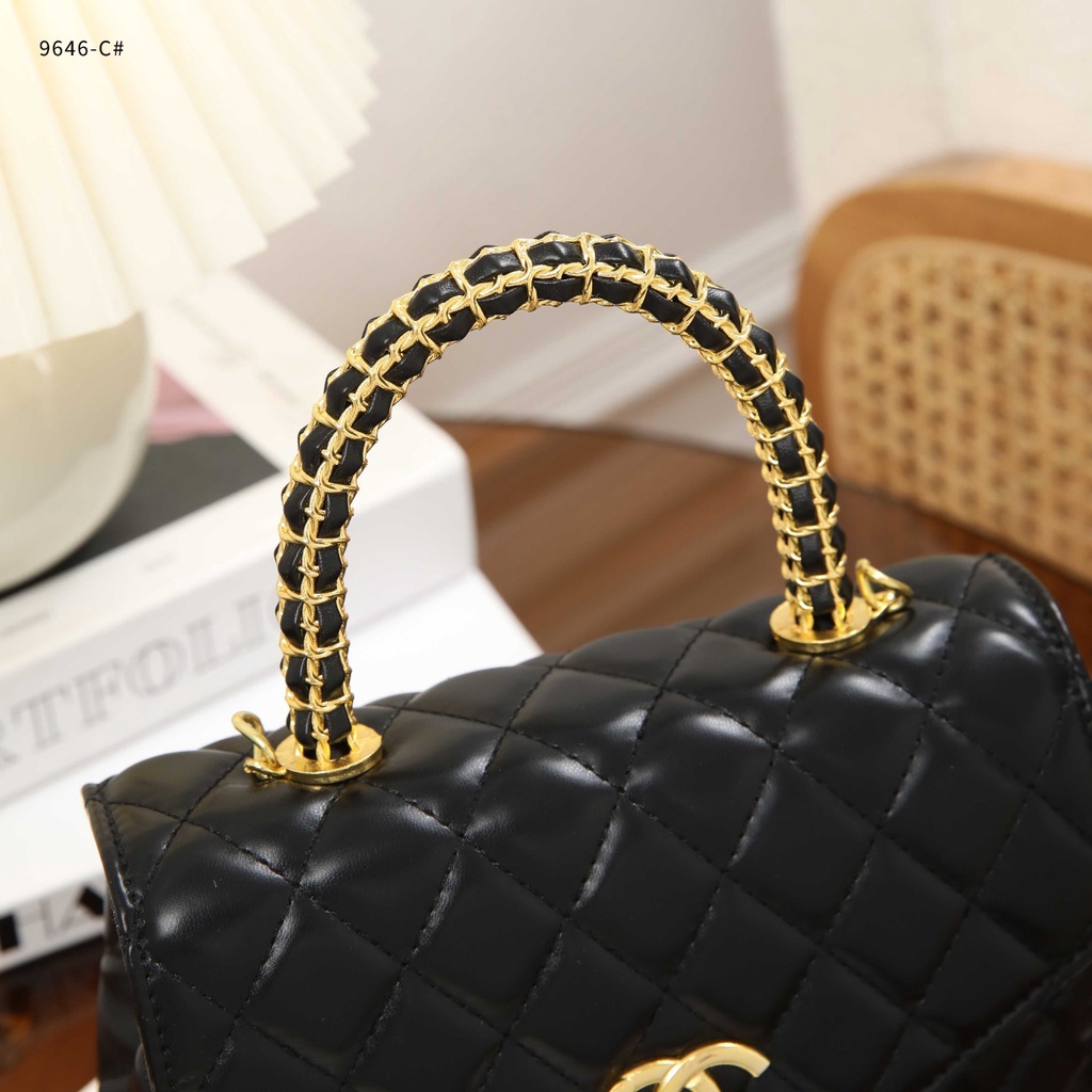 C Flap Bag 9646-C With Top Handle Calfskin &amp; Gold-tone Metal Black