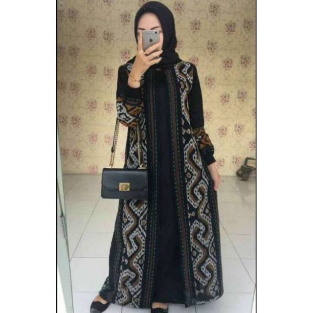 Gamis tenun motif toraja mix combi black A1+free masker tenun