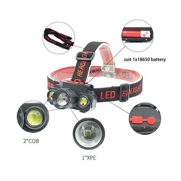 Senter Kepala Led Jarak Jauh Anti Air Senter Led Super Terang Senter Headlamp 3 Led Cree XM-L 3T6 15000 Lumens Waterproff - Lampu Senter Kepala Led Outdoor Campaing Hiking Berburu Memancing Berkemah Mendaki