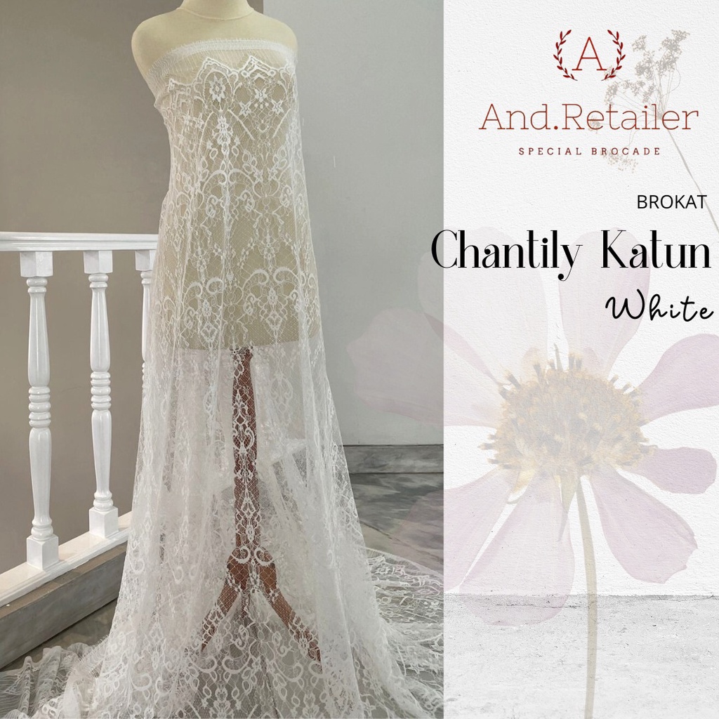 Bahan Kebaya Brokat Semi France Lace Chantily Shantily Katun Per panel 2,5m Warna White Putih