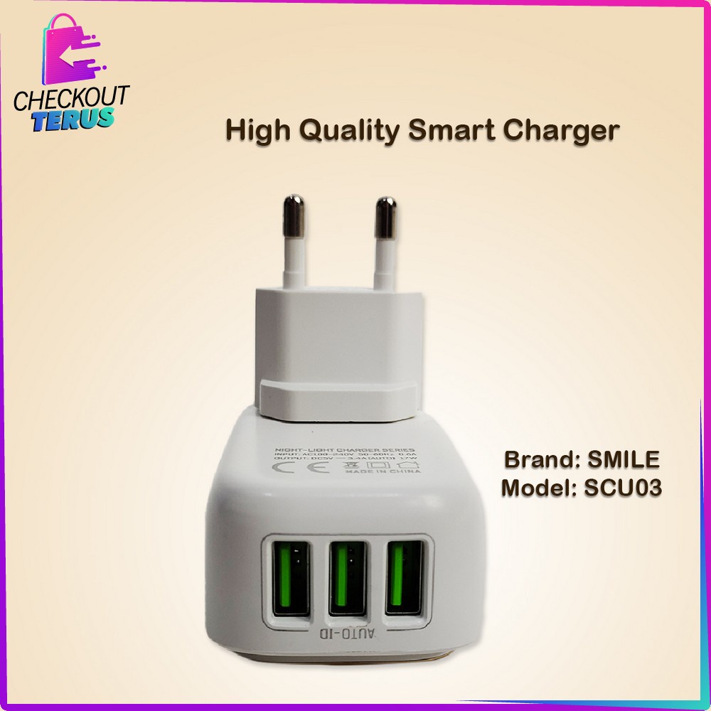 CT C464 Charger 3 USB Pengisi daya Adaptor Port Charger USB dengan Lampu Led Tidur Hemat Energi