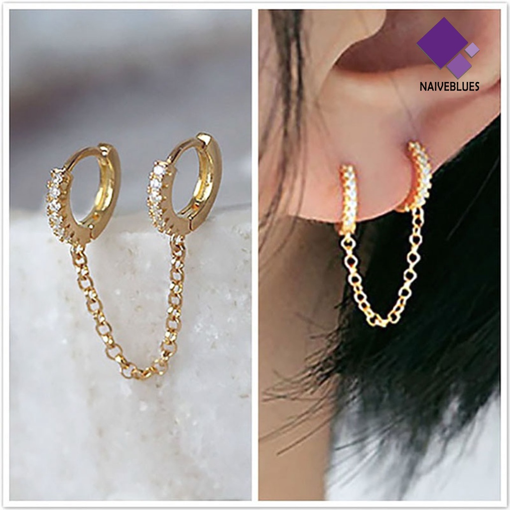 Naiveblue 1 Pasang Anting Tusuk Gantung Rantai Ganda Hias Cubic Zirconia Untuk Wanita