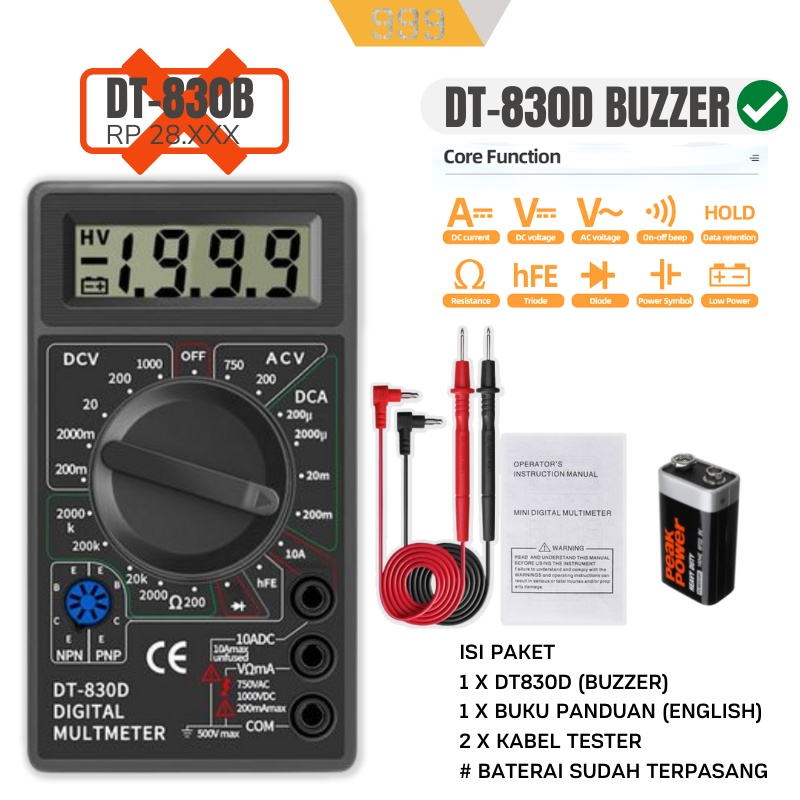MULTI TESTER DIGITAL MASDA DT830D ADA BUZZER/ DIGITAL MULTIMETER - Paket Lengkap Multimeter Digital Murah ASLI ADA BUZZERNYA + BONUS BATERAI Multitester Digital / EELIC Multitester - Avometer - Multimeter Digital DT830D