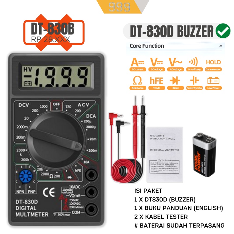 [Bayar Di Tempat]EELIC Multitester / avometer / Multimeter Digital DT830D + Baterai Siap Pakai Paket Lengkap Multimeter Digital Murah ASLI ADA BUZZERNYA + BONUS BATERAI Multitester Digital / EELIC Multitester - Avometer - Multimeter Digital DT830D