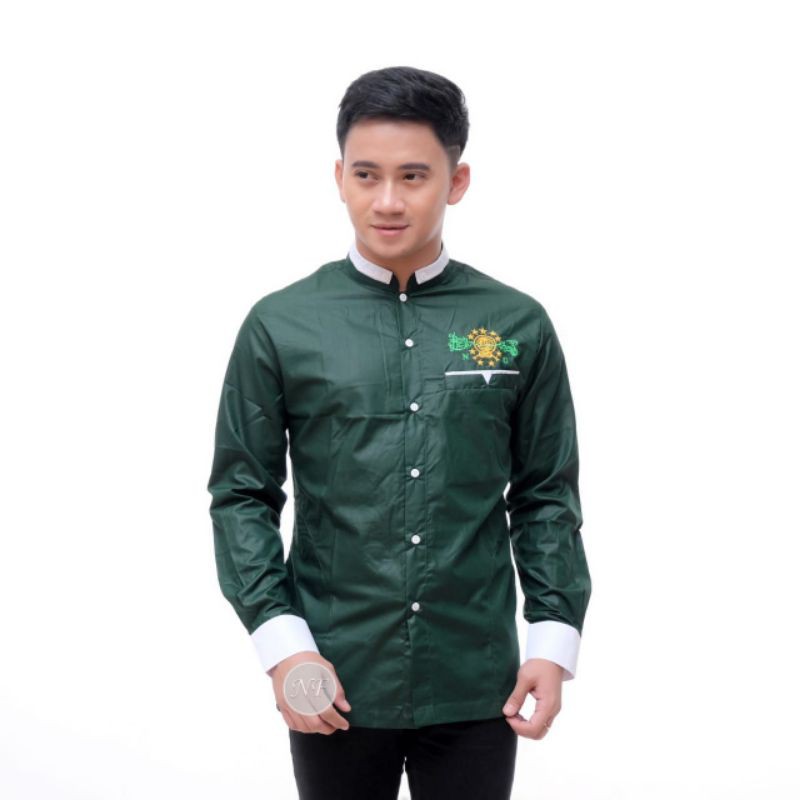 kemko baju koko kemeja lengan panjang bordir logo NU HIJAU BOTOL BIRU TOSKA PUTIH M L XL