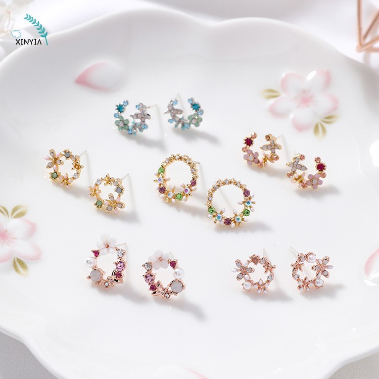 COD Korea Anting Tusuk Bentuk Giwang Sterling Silver 925 dengan Kristal untuk Wanita