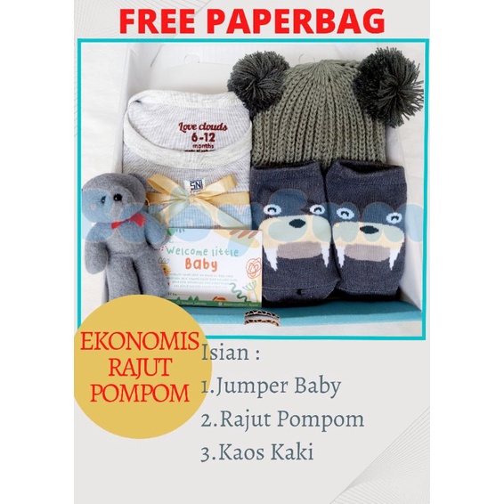 FREE PAPERBAG HAMPERS BAYI BABYSAM BAJU BAYI || HAMPERS ROK TUTU BAYI || PARCEL BAYI || BABYSAM BABY GIFT || KADO KELAHIRAN BAYI || HAMPERS BAYI LAKI-LAKI DAN PEREMPUAN-Ekonomis Rajut Pom2