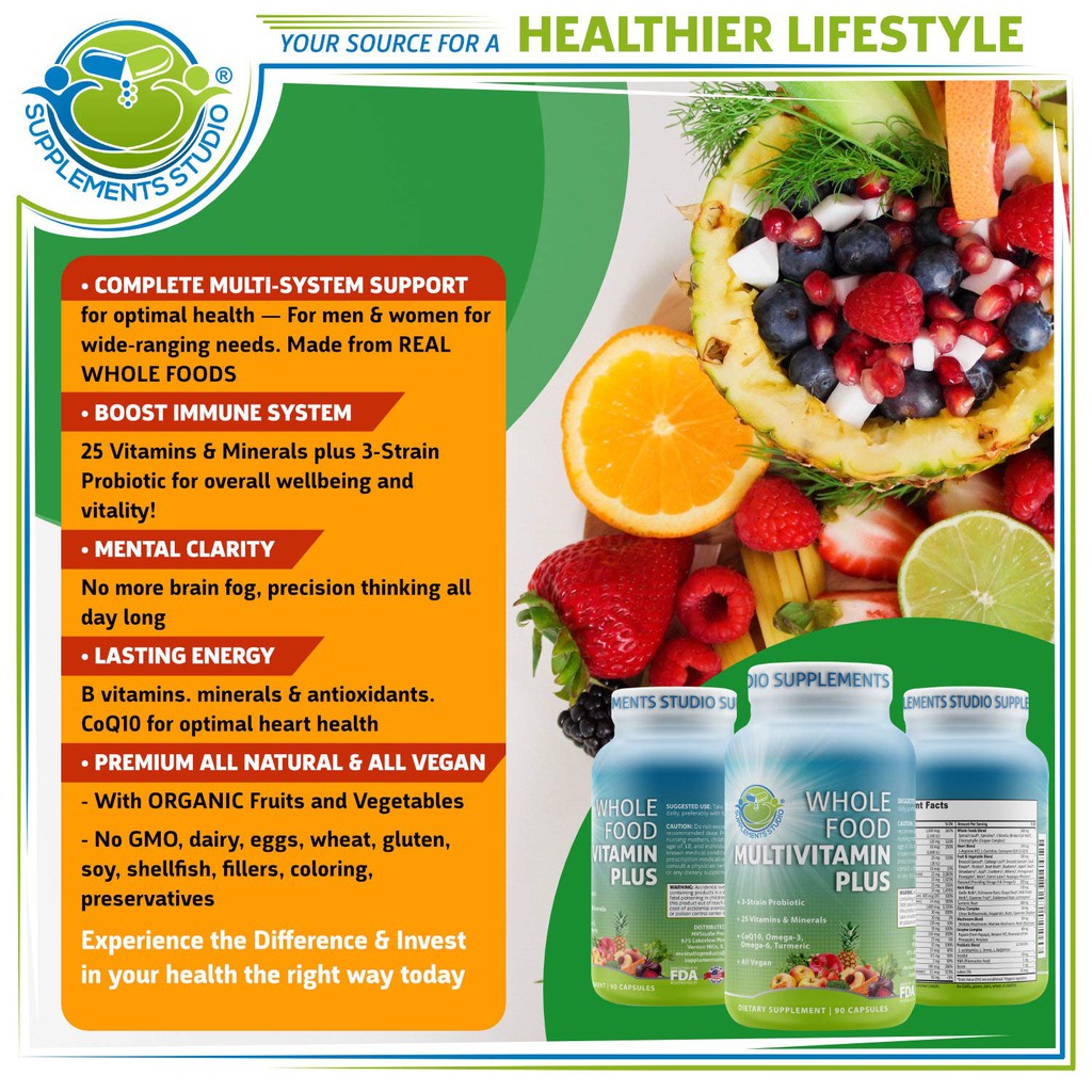 Supplements Studio Whole Food Multivitamin Plus + Probiotics 90 Kapsul Penambah Daya Tahan Tubuh USA