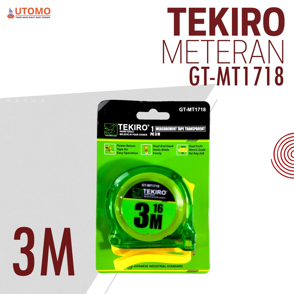 Meteran Rol TEKIRO 3 m Transparan Hijau ABS Meteran TEKIRO 3m Measurement Tape Transparent GT-MT1718