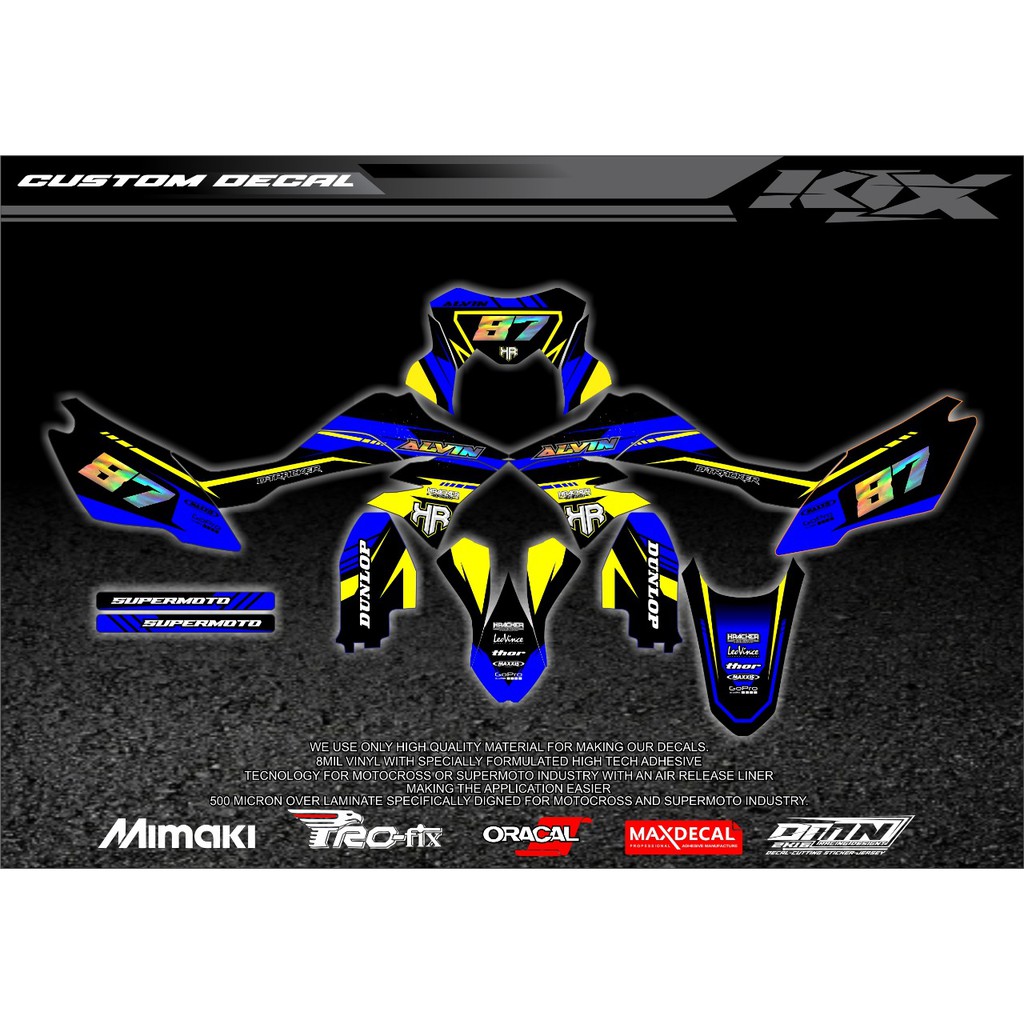 Decal klx warna hitam kuning biru dengan combinasi hologram