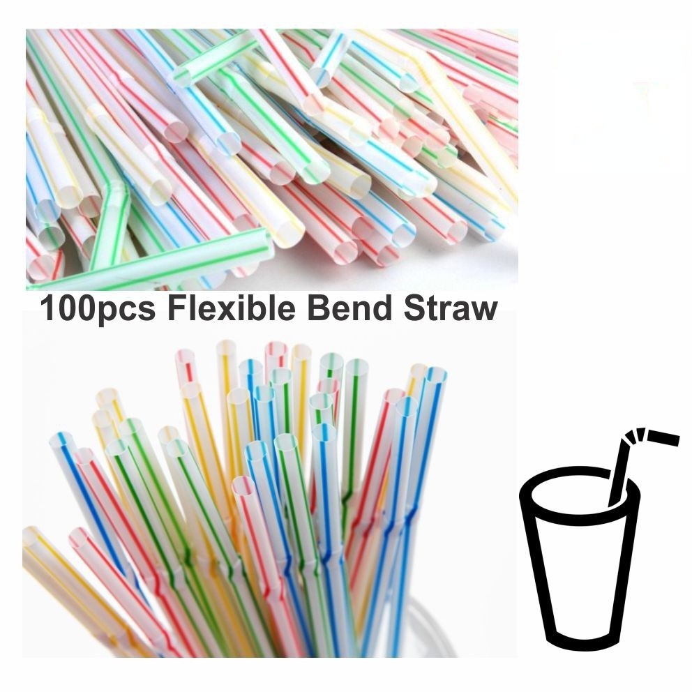 100 Pcs Sedotan Plastik Sekali Pakai Warna Pelangi Flexible