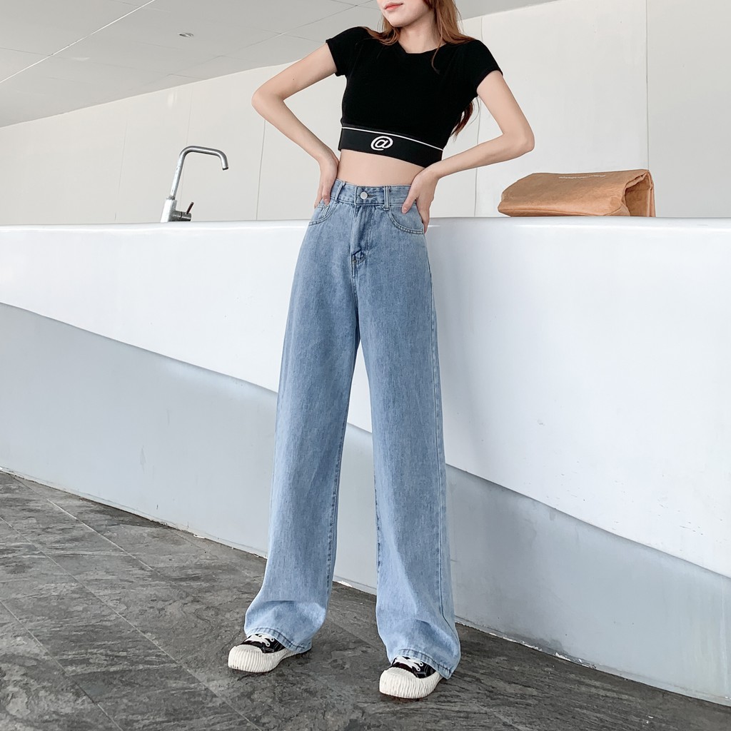 Celana Jeans Wanita Korea Style Loose High Waist Straight Pants