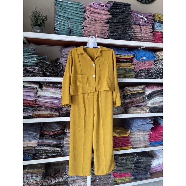 ONE SET CROP TOP BLEZER || KEMEJA CROP CRINGKLE || SET WANITA-KUNING