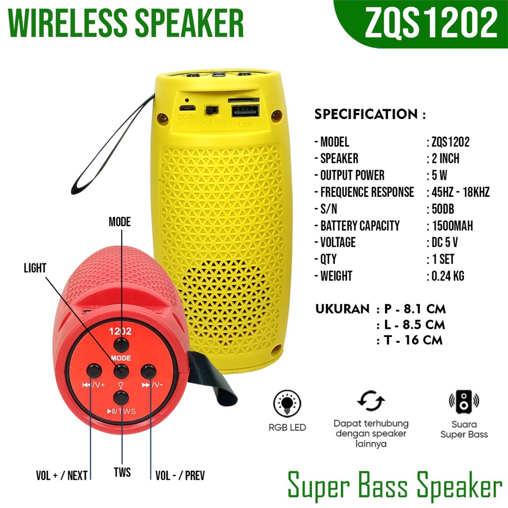 ERRLY ZQS1202 Speaker Bluetooth LED RGB Wireless Portable TG157 / TG-157