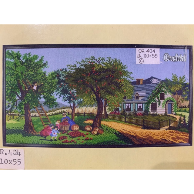 KRISTIK KRUISTEK CROSS STITCH GAMBAR PEMANDANGAN GUNUNG SUNGAI RUMAH POHON PEDESAAN orchid