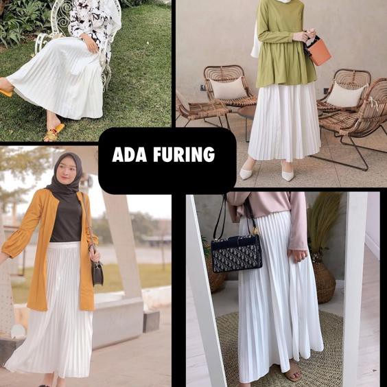 ◊ ROK PLISKET PUTIH FURING MURAH PLEATS REMPEL FLARE SKIRT MURAH GROSIR PANJANG ➤