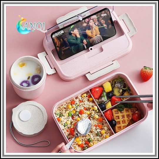 Tas Bekal Makan / Kotak Makan Set / Lunch Box Set Premium Anqi Shoplunch Box 3 Warna Pp Jerami Gan