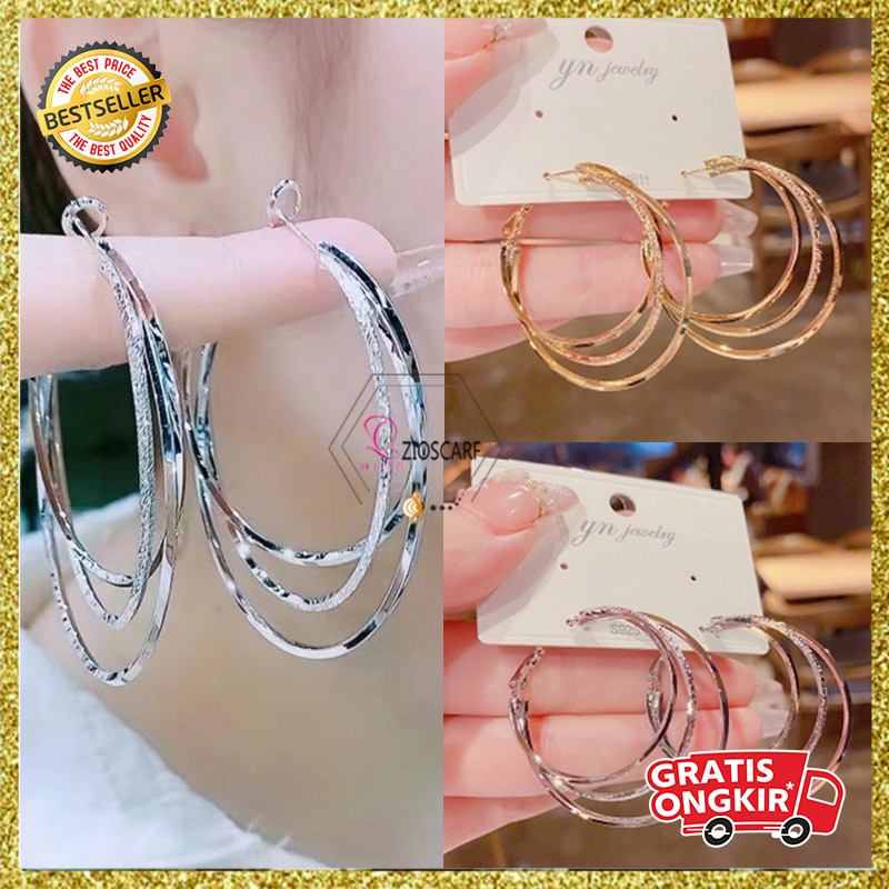 Anting Titanium Korea Bulat Besar 3 Layer Aksesoris Fashion Wanita Kualitas Terbaik ANT96