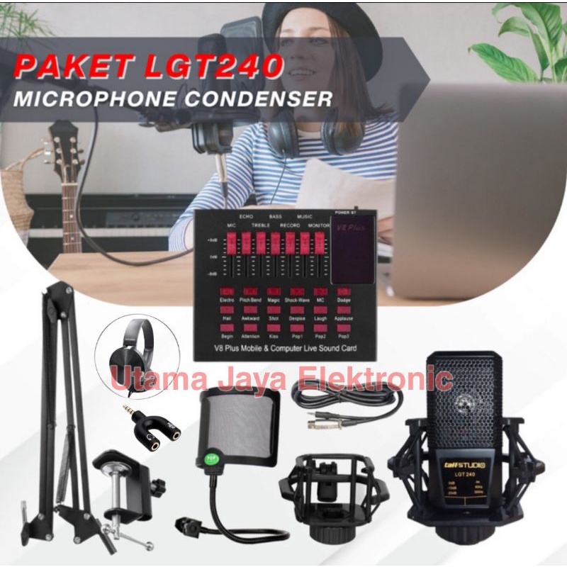 Microphone LGT240 Paket Mic Condenser Soundcard V8plus Stand Arm Pop Filter Original