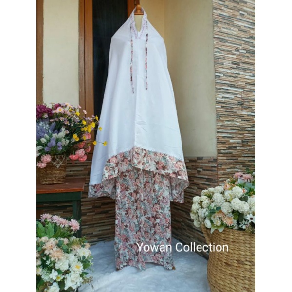 Mukena Dewasa Santri Katun Jepang Variasi warna putih mix motif bunga murah