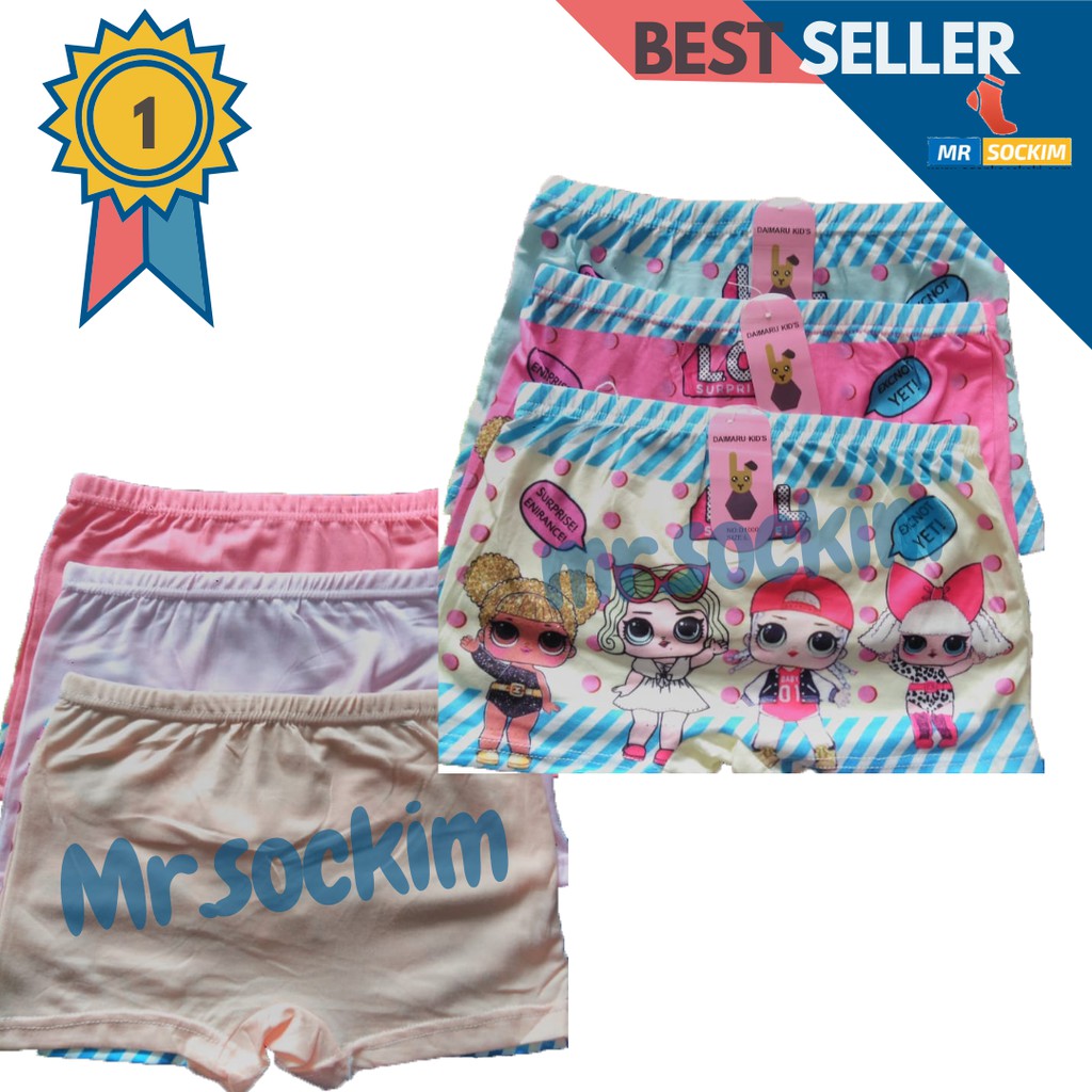 Celana Boxer Anak Perempuan Karakter Lucu Katun Stretch Daimaru | Satire (6 PCS seri warna)