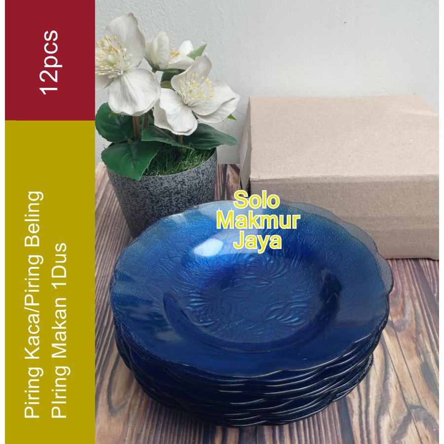 Piring Makan Kaca Beling Biru Bening Motif Bunga Lebar 8 Inch / Piring Biru Kaca