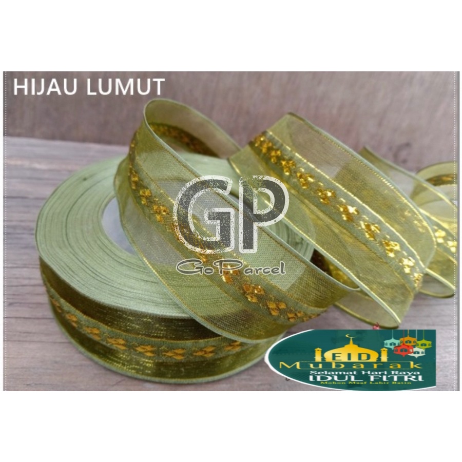 ( Rol 20 Yard ) ORGANDY GOLD BORDER RIBBON - PITA ORGANDI ORGANZA LIS EMAS FANCY SELAMAT IDUL FITRI HAPPY IDUL ADHA EID