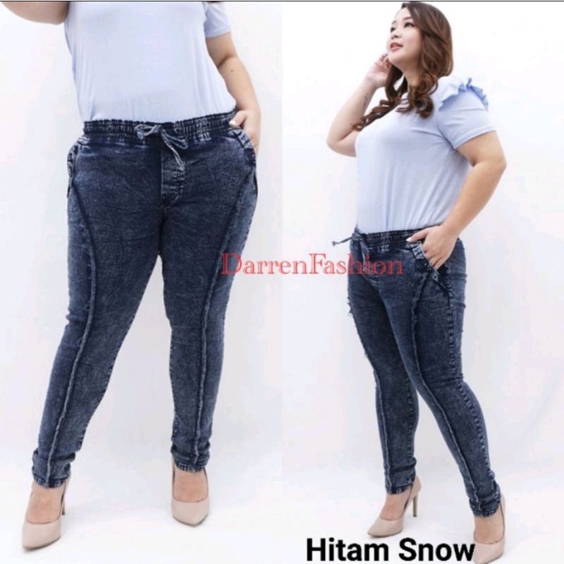 Celana Panjang Wanita Jeans Pinggang Karet Jumbo  Jegging Rafika Big Size  Legging Jeans Bigsize