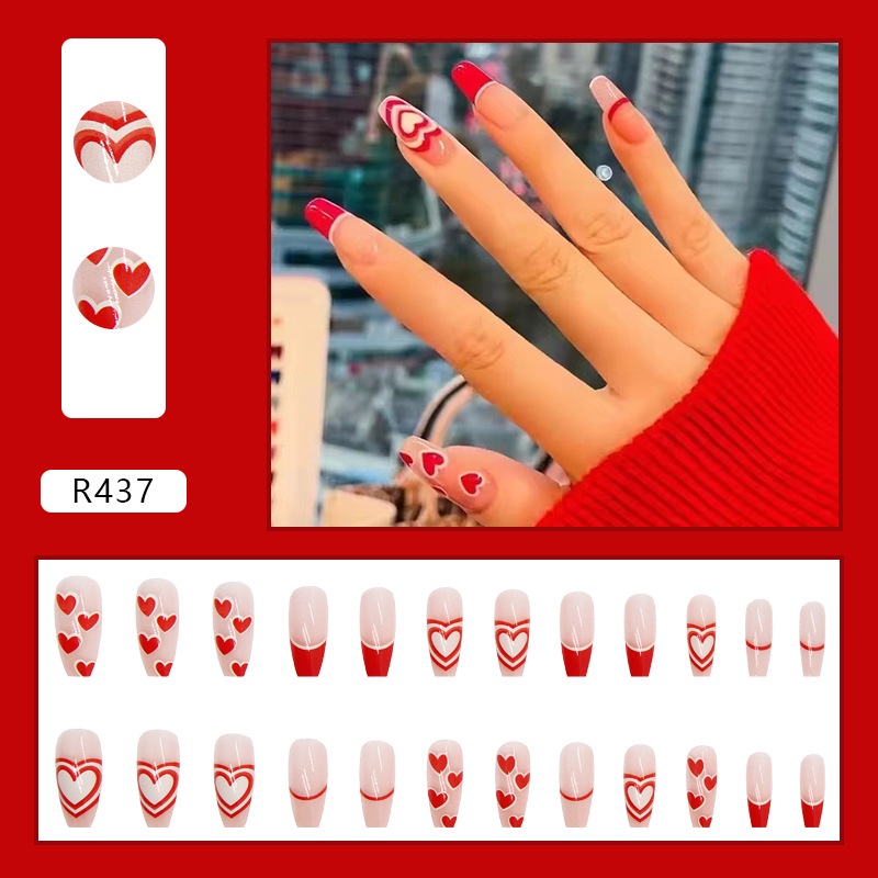 24pcs / box Kuku Palsu Panjang Motif Hati Merah Putih Untuk Ballet