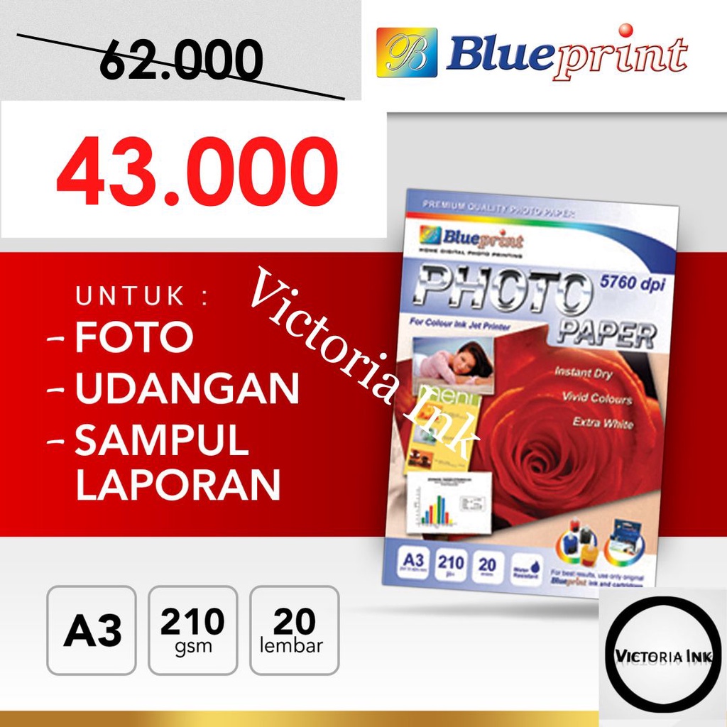 Jual Kertas Foto A3 Blueprint 210gsm Glossy Kertas Foto Blueprint Glossy A3 210gsm Photo 0357