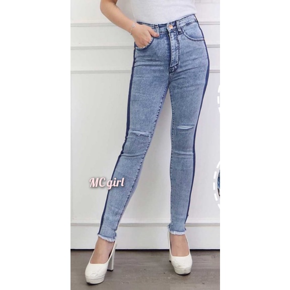 MC girl - Celana Jeans List Samping Sobek Garis Tidak Tembus Wanita / Celana Panjang Skinny Denim Warna Snow Lis Cewek / Lepis Pants Rumbai Ripped / Celana Pensil Rawis