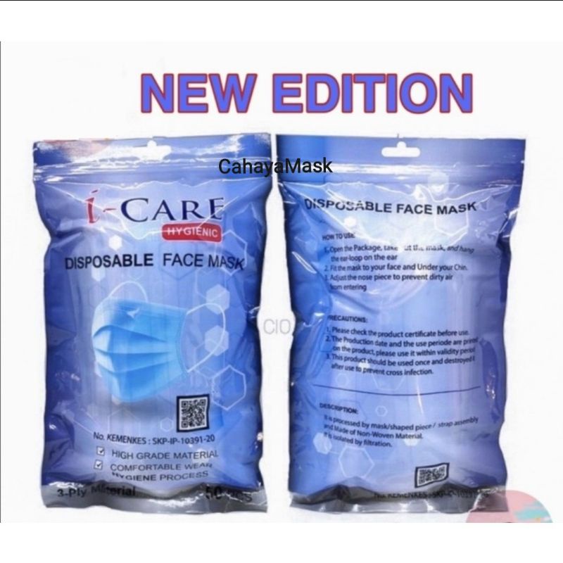 Masker 3ply Sachet I-Care Hygienic 50pcs Kemenkes