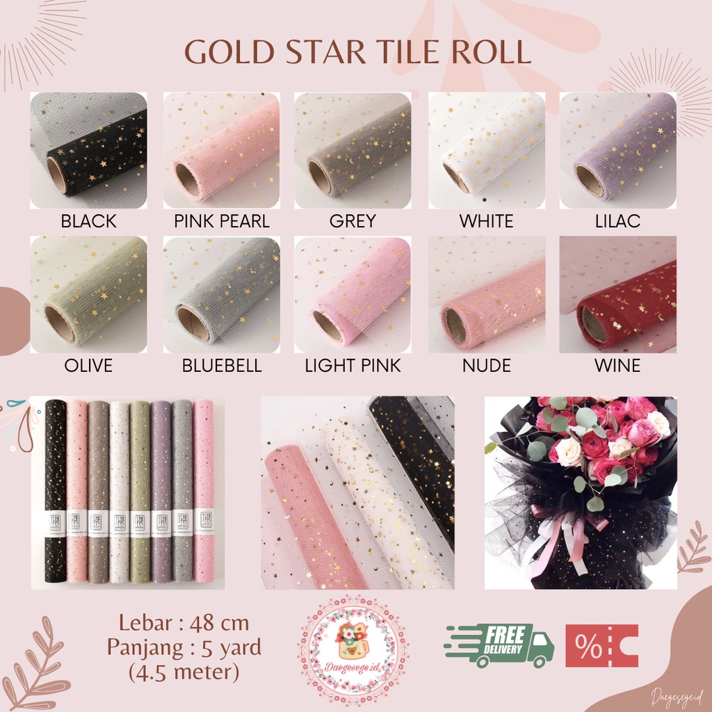 

[1 ROLL] FLOWER WRAPPING GOLD STAR TILE ROLL | MESH GOLD STAR GLITTER | KERTAS PEMBUNGKUS BUNGA KERTAS BUKET BUNGA HAND BOUQUET WRAPPING PAPER ROLL KERTAS KADO FLOWER WRAP