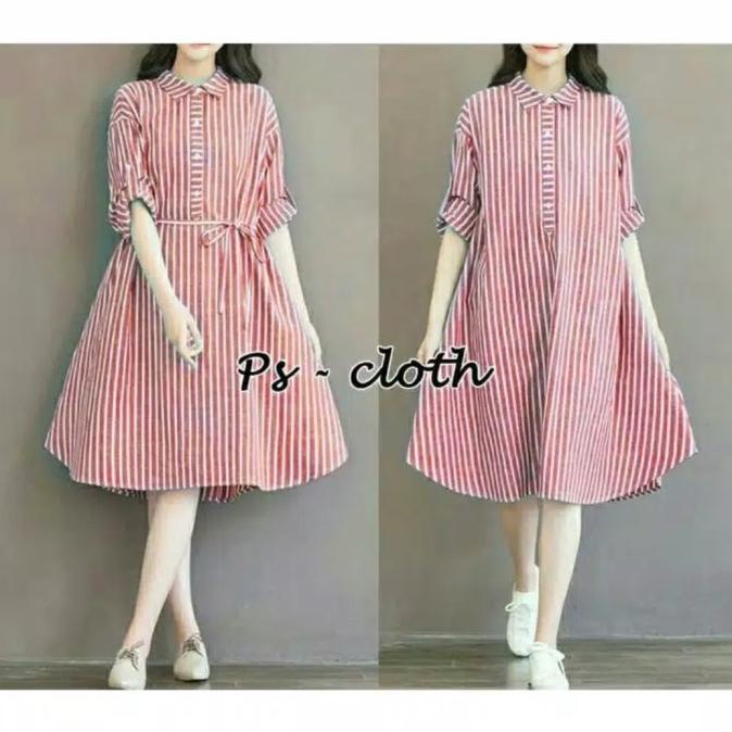 DRESS MINI HM JUMBO SALUR BIG KATUN STRIPE DRESS MINI PAKAIAN WANITA BAJU DRESS WANITA