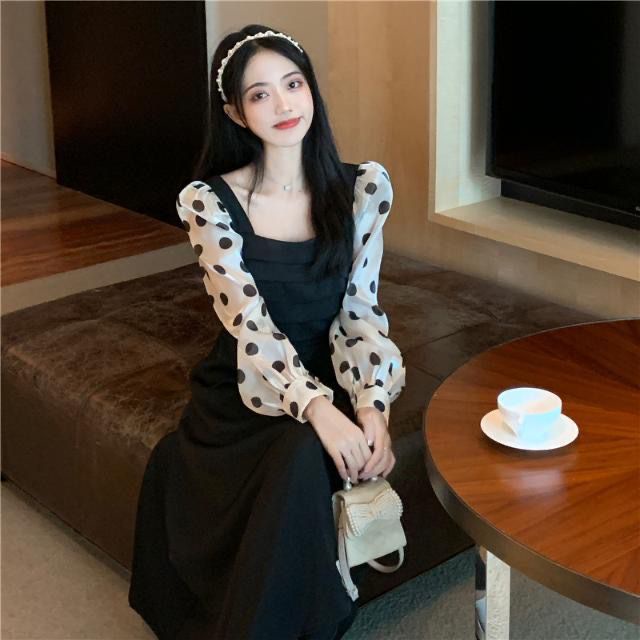 #29 Dress Vintage Wanita Motif Polos Lengan Panjang Polkadot (S/M/L/XL/XXL)