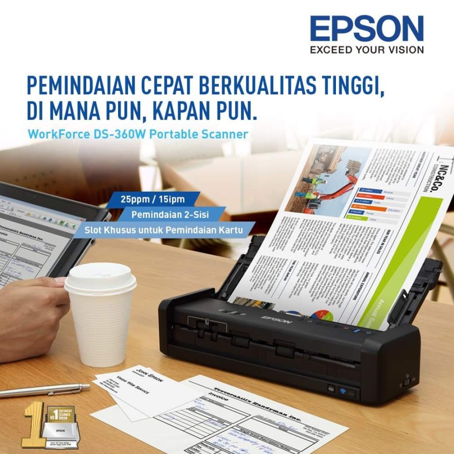 Epson WorkForce DS-360W Wi-Fi Portable Sheet-fed Document Scanner / A4 Portable Sheet Fed Colour Scanner DS360W