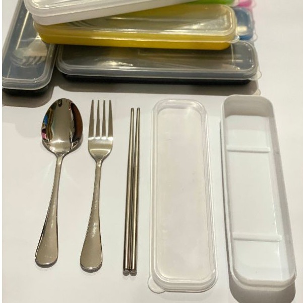 READY STOCK Set Alat Makan Box Transparan ( Sendok Garpu dan Sumpit ) Stainless Steel HQ!