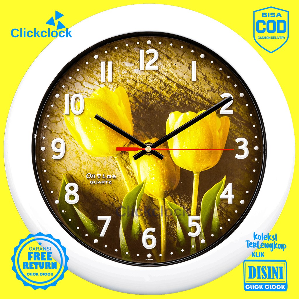 Jam Dinding Quartz Bunga Flower Kuning Hijau Merah Putih Ontime 767-FL Besar Dekorasi Dinding Unik