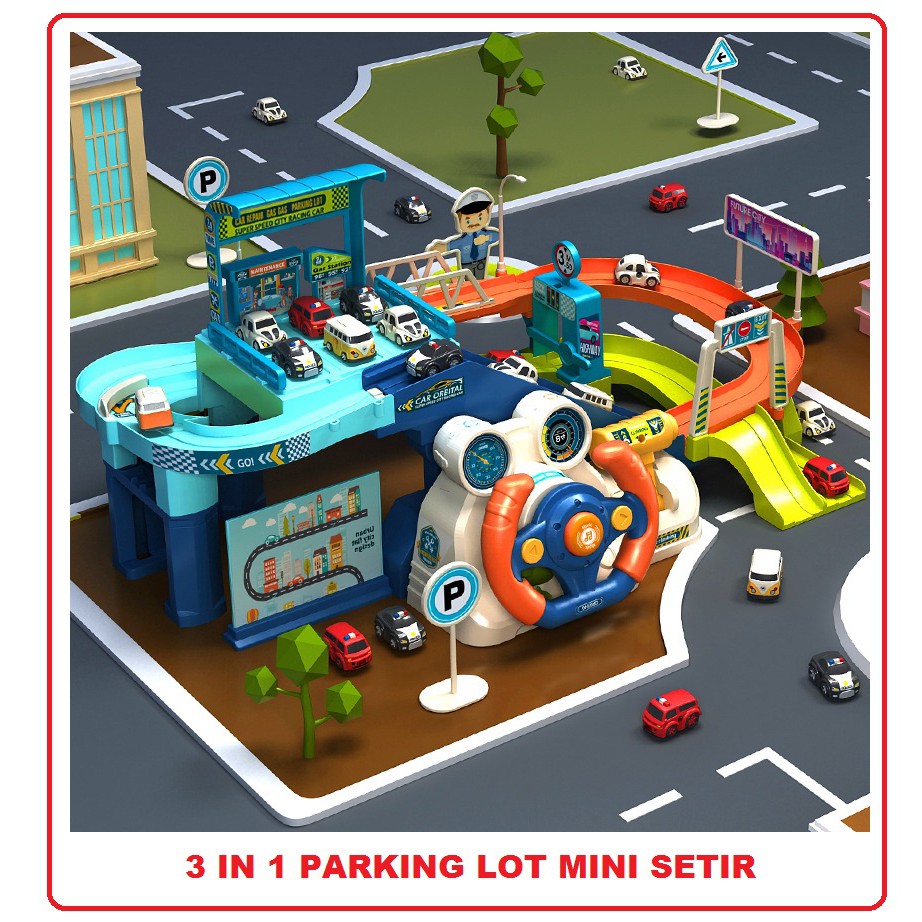 MAINAN ANAK EDUKASI BELAJAR PARKING LOT 3iN1 SIMULATOR CAR MOBIL PAKIR SETIR STIR 4 MOBIL LUNCUR TOY