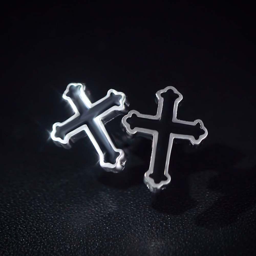 NEEDWAY Cross Ear Studs Keren Vintage Salib Berbentuk Punk Warna Perak Hitam Pria Punk Anting