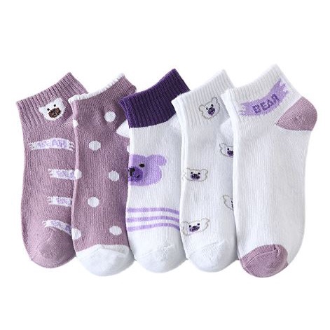DF KK203 Kaos Kaki Wanita Motif Beruang Ungu Kaos Kaki Pendek Fashion Korean Import