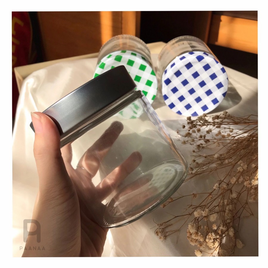 Toples Kaca 425 ML Minimalis Kecil Tebal Tutup Stainless Hijau Biru