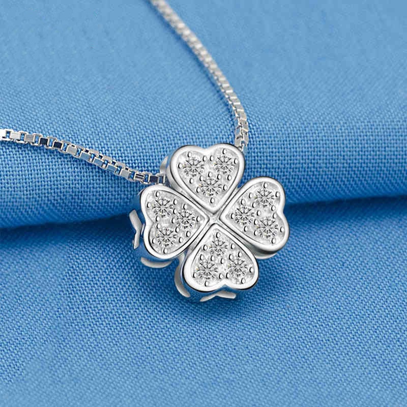 [Ready Stock]Fashion Simple Silver-Plated Necklace Four-Leaf Clover Jeweled Pendant