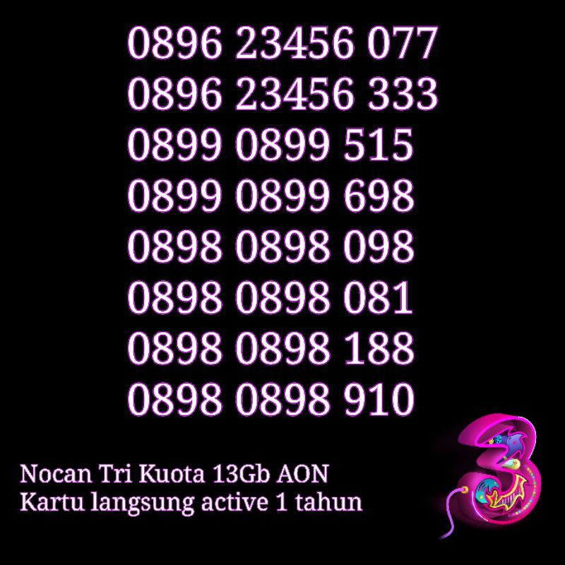 Nomor Cantik NOCAN Urut Naik 11 Digit Kartu Perdana Tri Three 3 4G LTE Kuota 13GB AON Pulsa 10K