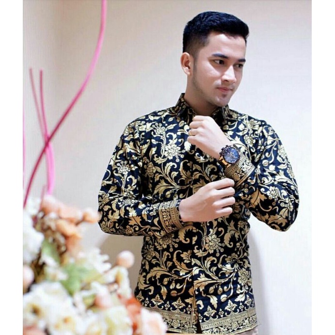 baju batik pria modern terbaru motif gold Matt katun prima halus ukuran M L XL XXL-0