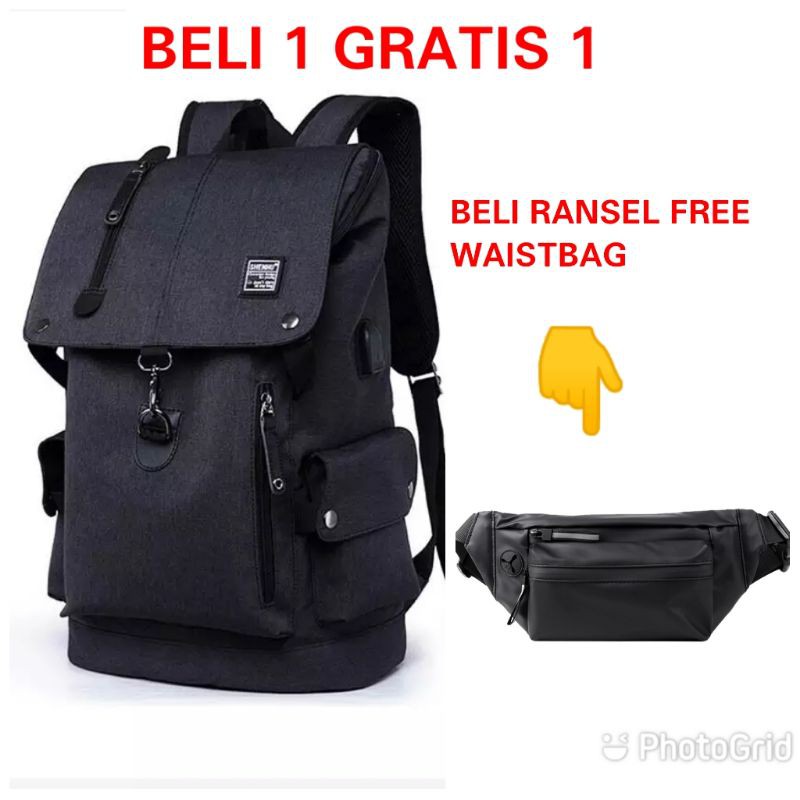 JS_BUY 1 GET 1 - Tas Ransel Pria Beli Ransel Punggung Backpack Cowok Free Waistbag