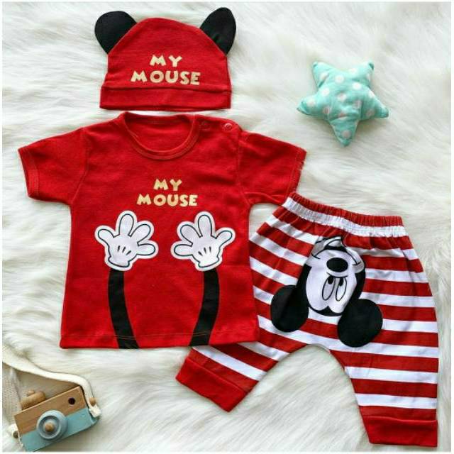 Baju setelan 0-3 tahun kaos celana topi mickey lucu bestseller anak bayi cowok laki murah -mym