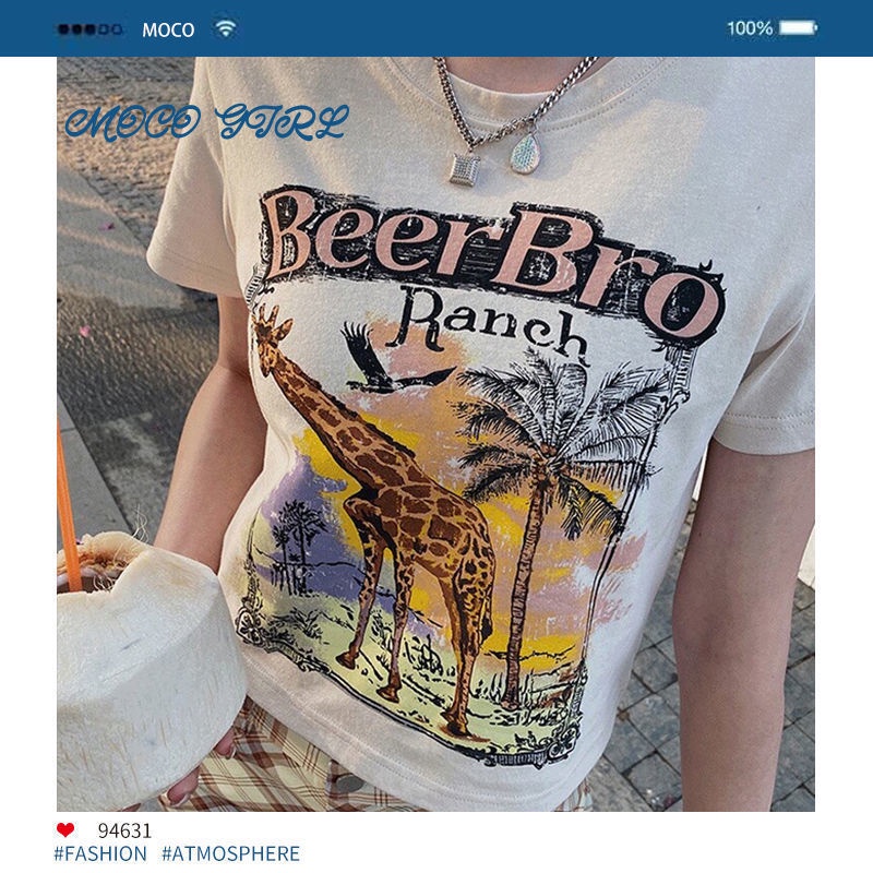 kaos wanita korean style small short top model cropped eropa dan amerika sablon lengan pendek