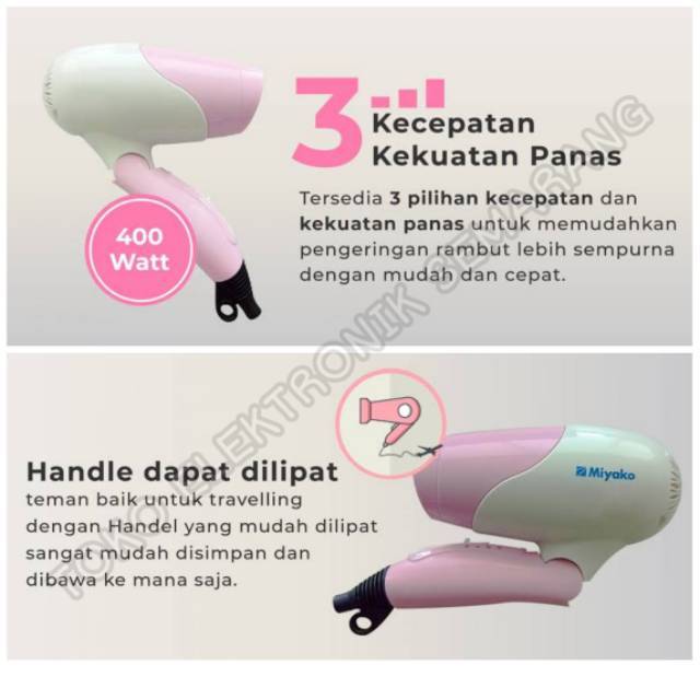 MIYAKO HD 550 / HD 402 PINK HAIR DRYER PENGERING RAMBUT BISA DILIPAT PRAKTIS ORIGINAL GARANSI RESMI